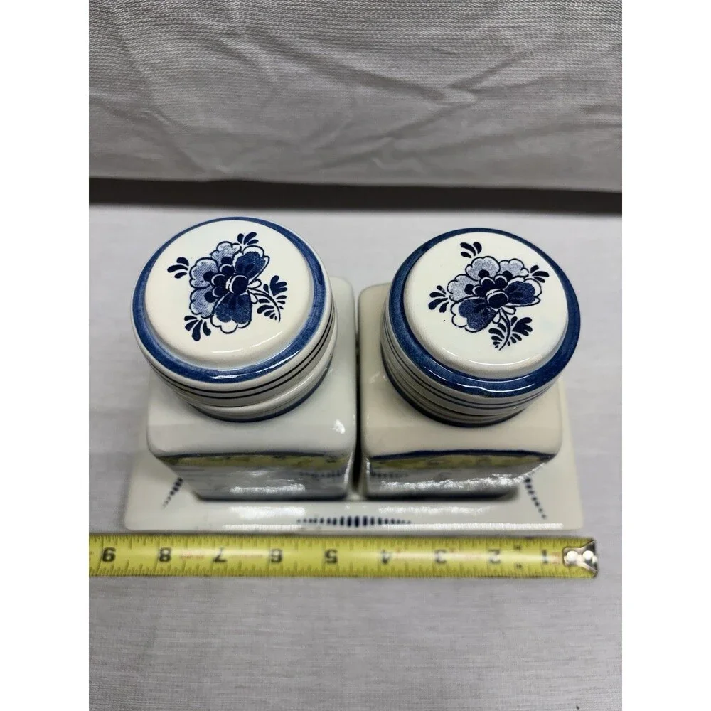 Delft Blue Canister Pair Handmade  Holland Vintage Kitchen Spice Jars Windmill